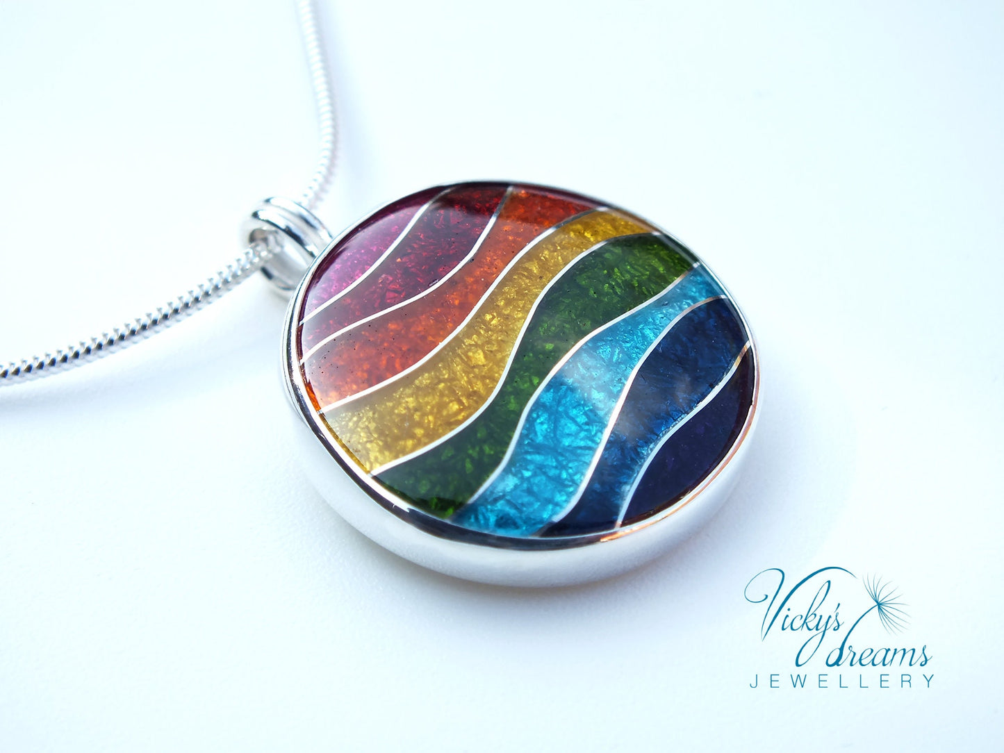 Vibrant color rainbow, sterling silver necklace, cloisonne enameled jewelry