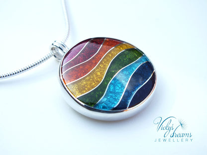 Vibrant color rainbow, sterling silver necklace, cloisonne enameled jewelry