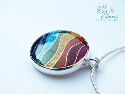 Vibrant color rainbow, sterling silver necklace, cloisonne enameled jewelry