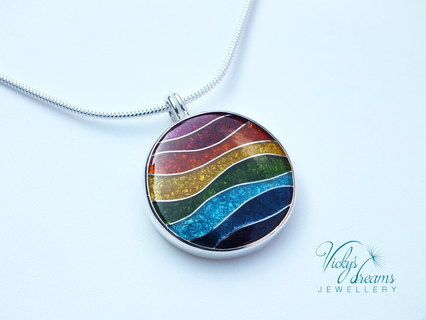 Vibrant color rainbow, sterling silver necklace, cloisonne enameled jewelry