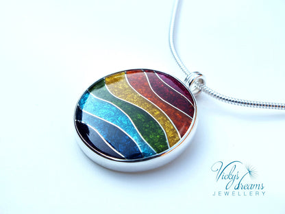 Vibrant color rainbow, sterling silver necklace, cloisonne enameled jewelry