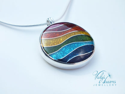 Vibrant color rainbow, sterling silver necklace, cloisonne enameled jewelry