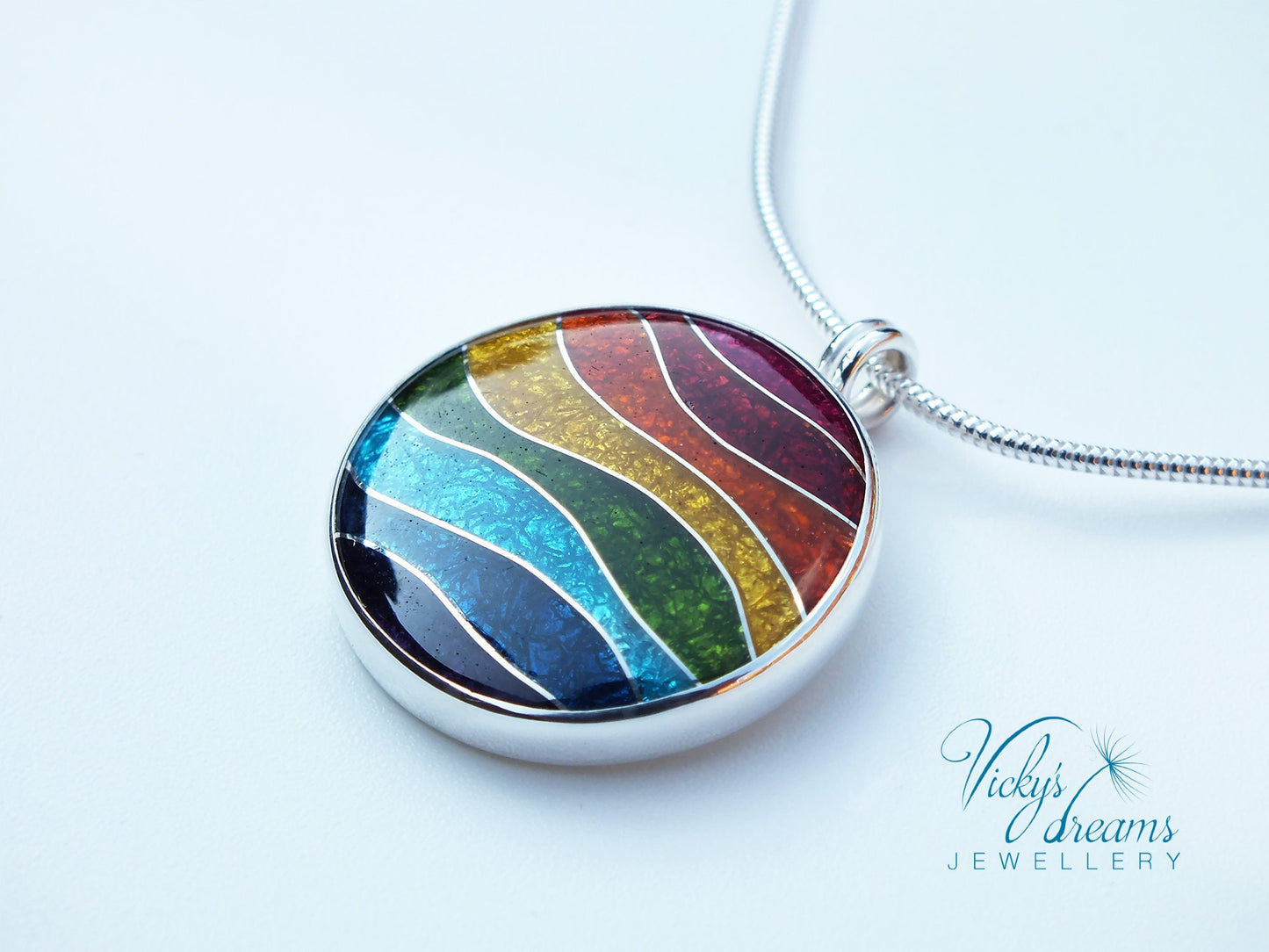 Vibrant color rainbow, sterling silver necklace, cloisonne enameled jewelry