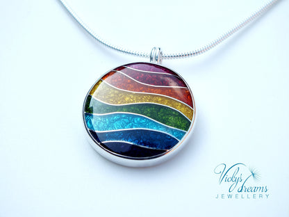 Vibrant color rainbow, sterling silver necklace, cloisonne enameled jewelry