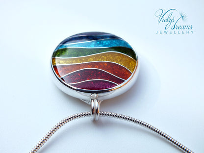 Vibrant color rainbow, sterling silver necklace, cloisonne enameled jewelry