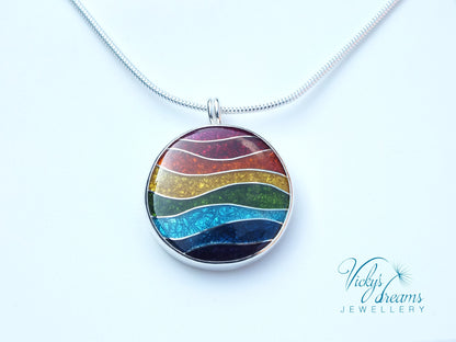 Vibrant color rainbow, sterling silver necklace, cloisonne enameled jewelry