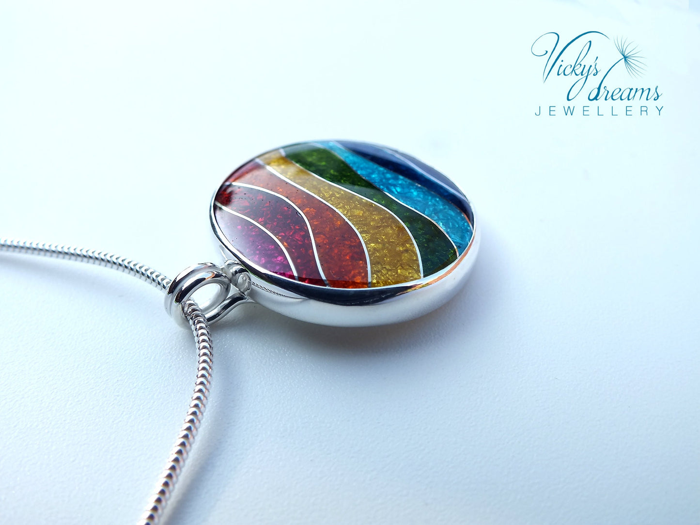 Vibrant color rainbow, sterling silver necklace, cloisonne enameled jewelry