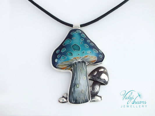 vibrant blue mushroom, sterling silver pendant, cloisonne enameled handmade jewelry