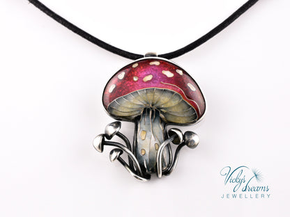 vibrant red mushroom, sterling silver pendant, cloisonne enameled handmade jewelry