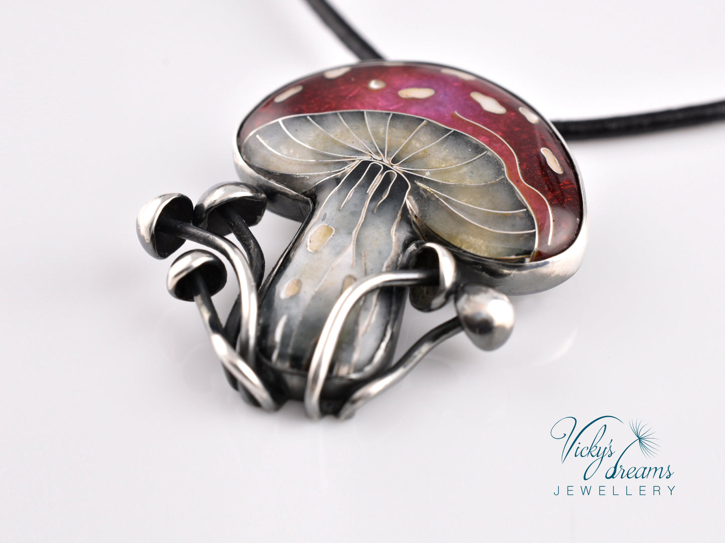 vibrant red mushroom, sterling silver pendant, cloisonne enameled handmade jewelry