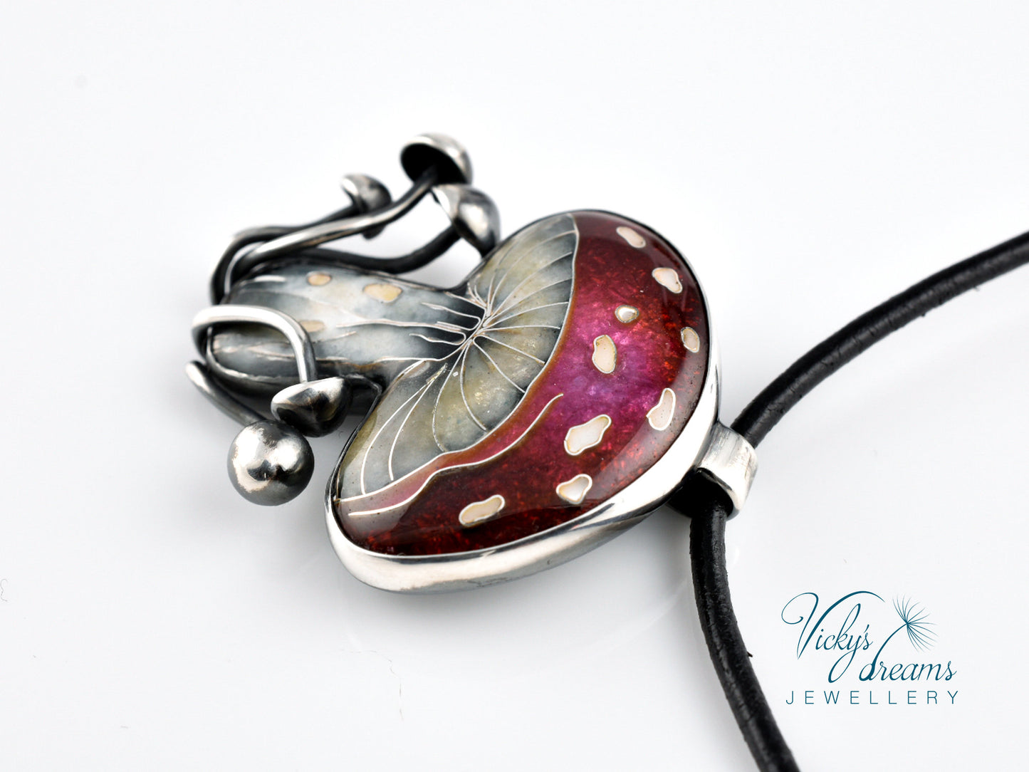 vibrant red mushroom, sterling silver pendant, cloisonne enameled handmade jewelry