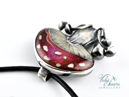 vibrant red mushroom, sterling silver pendant, cloisonne enameled handmade jewelry