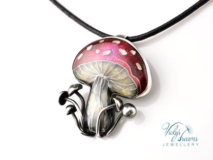 vibrant red mushroom, sterling silver pendant, cloisonne enameled handmade jewelry