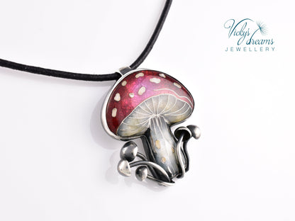 vibrant red mushroom, sterling silver pendant, cloisonne enameled handmade jewelry