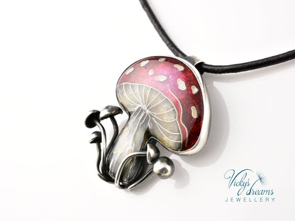 vibrant red mushroom, sterling silver pendant, cloisonne enameled handmade jewelry