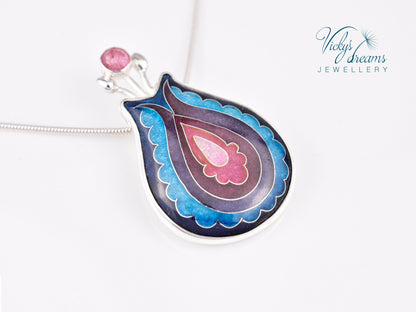 Vibrant color, folk motif flower, sterling silver pendant, cloisonne enameled jewelry, handmade jewelry, wearable art