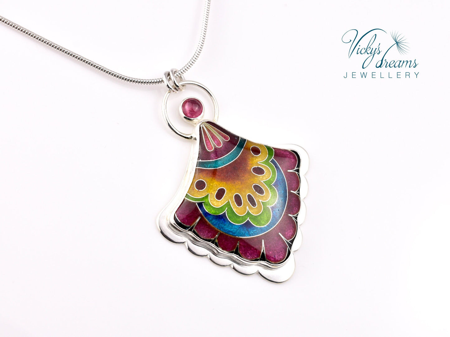 Fulcolor fan shaped design, sterling silver pendant, cloisonne enameled jewelry, handmade jewelry