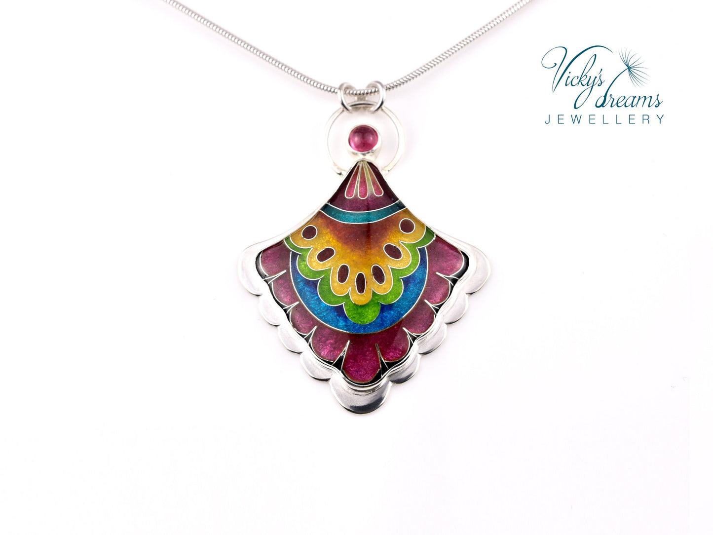 Fulcolor fan shaped design, sterling silver pendant, cloisonne enameled jewelry, handmade jewelry