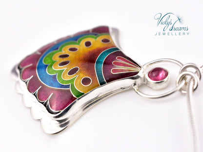 Fulcolor fan shaped design, sterling silver pendant, cloisonne enameled jewelry, handmade jewelry