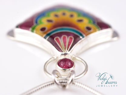 Fulcolor fan shaped design, sterling silver pendant, cloisonne enameled jewelry, handmade jewelry