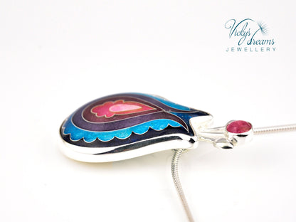 Vibrant color, folk motif flower, sterling silver pendant, cloisonne enameled jewelry, handmade jewelry, wearable art