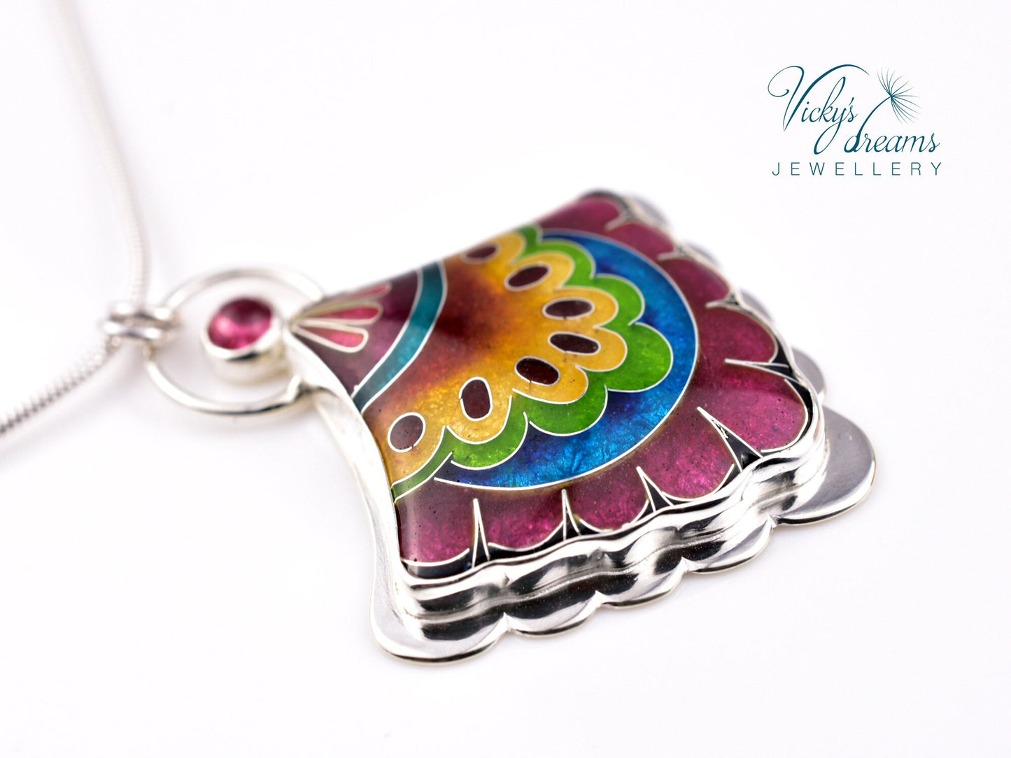 Fulcolor fan shaped design, sterling silver pendant, cloisonne enameled jewelry, handmade jewelry