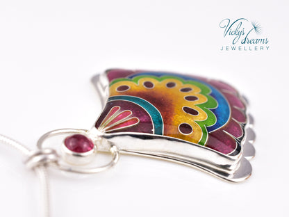 Fulcolor fan shaped design, sterling silver pendant, cloisonne enameled jewelry, handmade jewelry