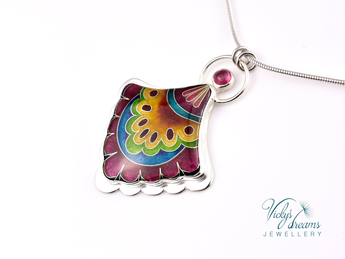 Fulcolor fan shaped design, sterling silver pendant, cloisonne enameled jewelry, handmade jewelry